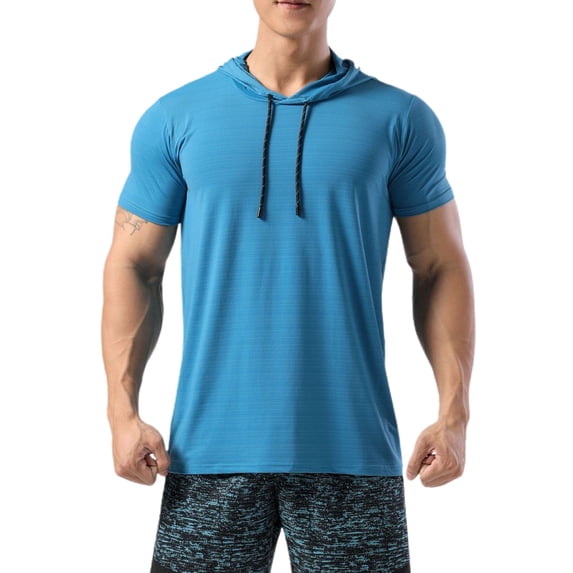 Jinda Men's Short Sleeve T Shirt Soft Quick Dry Workout Top Cool Summer Hooded Tshirt Running Stretch Slim Fit Comfy Tees Peacock Blue Medium