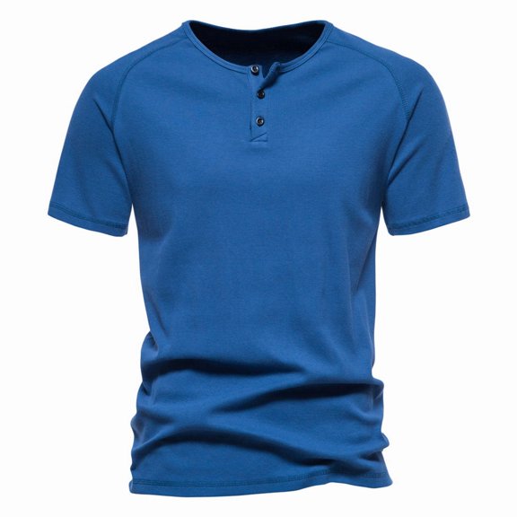 SWSMCLT Men's Short Sleeve Top Summer Fitted T-shirt Cotton Tshirt Vintage Crew Neck Henley Shirt Lightweight Blue Large