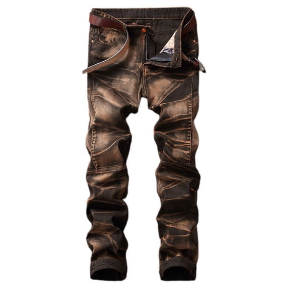 SWSMCLT Men's Patchwork Mid Rise Casual Slim Fit Pants Vintage Jeans Stretch Fall Straight Leg Casual Pants Coffee 30