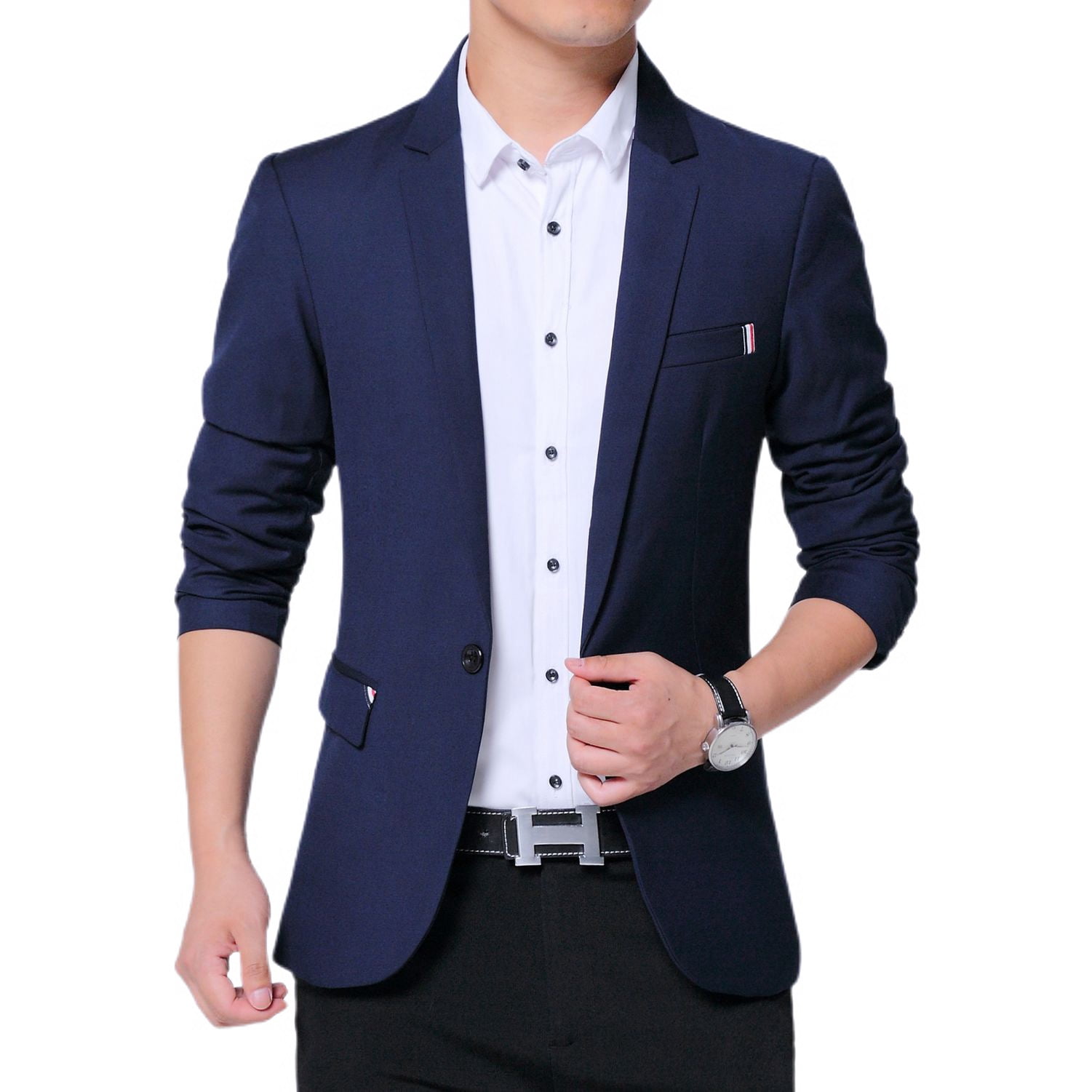 Jinda Men's Slim Fit Suit Jacket Casual Blazer Business Long Sleeve Fitted  Fall Semi Formal Suit Separate Navy 36 