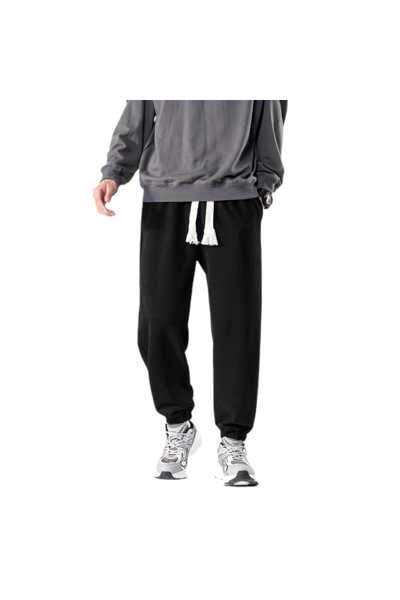 Men's Snow Sweatpants Cotton Comfy Pants Drawstring Joggers Soft Winter Fashion Athletic Pocket Black Medium