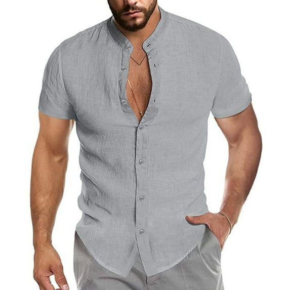 SWSMCLT Men's Soft Button Down Shirt Fitted Button Button Up Top Shirt Short Sleeve Summer Linen Grey Small