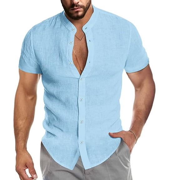 SWSMCLT Men's Soft Button Down Shirt Fitted Button Button Up Top Shirt Short Sleeve Summer Linen Light Blue Large