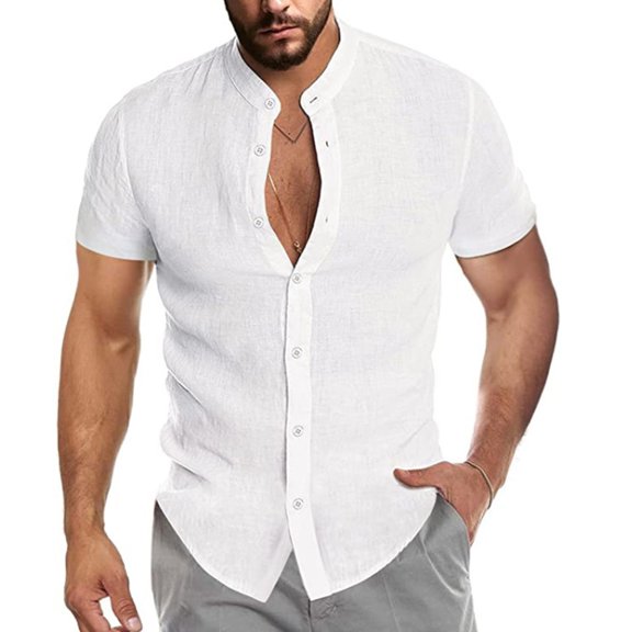 SWSMCLT Men's Soft Button Down Shirt Fitted Button Button Up Top Shirt Short Sleeve Summer Linen White Large