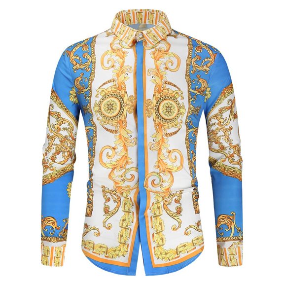 SWSMCLT Men's Long Sleeve Vintage Top Floral Printed Dress Shirt Soft Button Down ShirtCasual Fitted Fall Shirts Blue Large