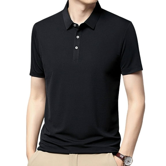 Jinda Men's Soft Polo Top Basic Tshirt Lightweight Short Sleeve Work Casual Button Cool Regular Fit T-shirt Black Large