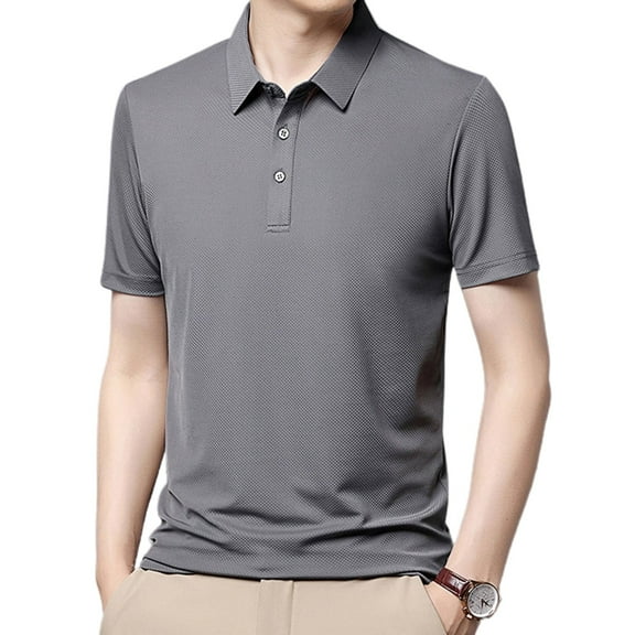 SWSMCLT Men's Soft Polo Top Basic Cool Regular Fit T-shirt Tshirt Lightweight Short Sleeve Work Casual Button Grey Small