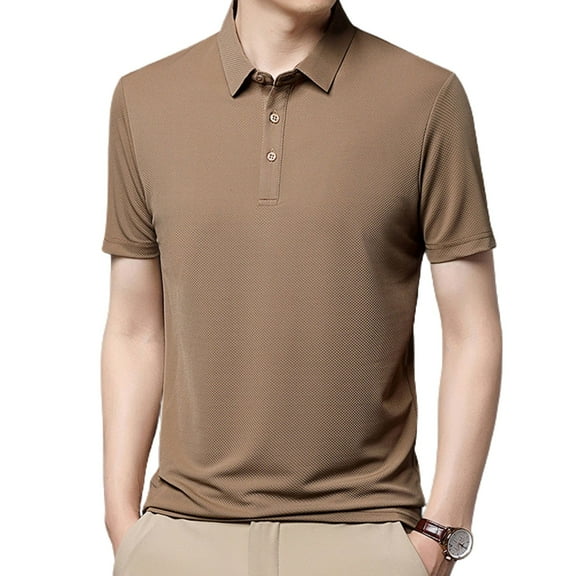 Jinda Men's Soft Polo Top Basic Tshirt Lightweight Short Sleeve Work Casual Button Cool Regular Fit T-shirt Khaki Large