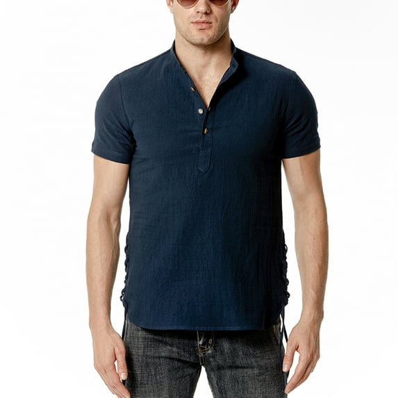 SWSMCLT Men's Soft T Shirt Short Sleeve Henley Shirt Linen Summer Top Cotton Button Cool Basic Crew Neck Navy XX-Large