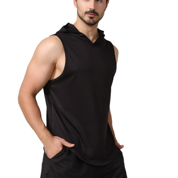 SWSMCLT Men's Soft Tank Top Running Light Workout Hoodies Vest Sleeveless Basic Hooded Loose Slim Fit Summer Black Medium