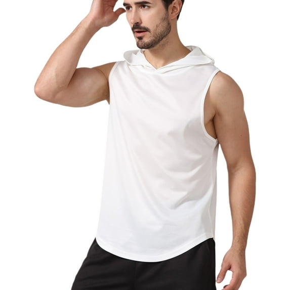 SWSMCLT Men's Soft Tank Top Running Light Workout Hoodies Vest Sleeveless Basic Hooded Loose Slim Fit Summer White Large