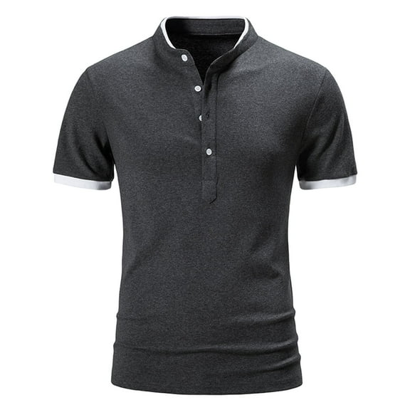 SWSMCLT Men's Casual Short Sleeve Summer Shirt Soft Top Fitted Polo Shirt V Neck Cotton Button Cool Spring Dark Grey Medium