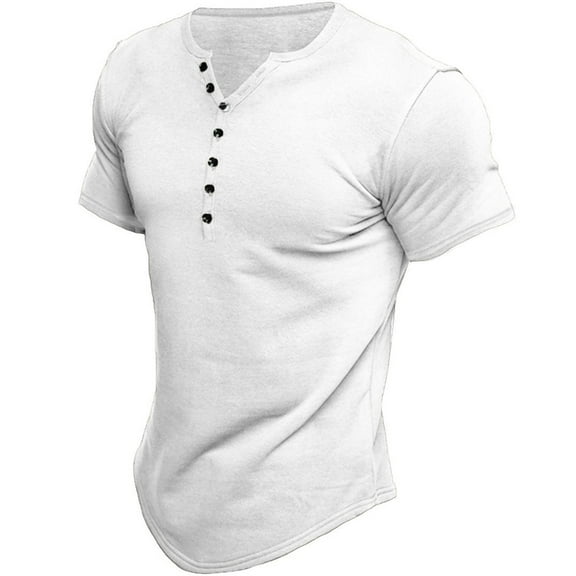 SWSMCLT Men's V Neck T Shirt Short Sleeve Tshirt Fitted Fashion Soft Henley Button Summer Vacation T-shirt White XX-Large