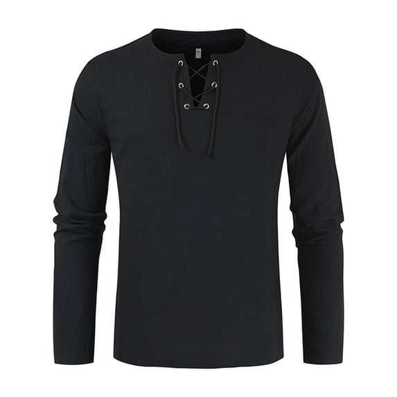 Jinda Men's V Neck T Shirts Soft Long Sleeve Tunic Top Summer Beach Cotton Lightweight Viking Shirts Casual Hipster Basic Fashion Linen Lace Up Tshirt Black X-Large