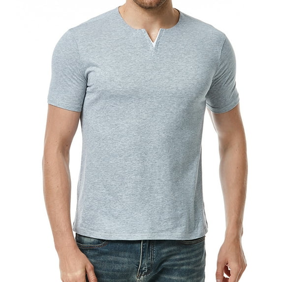 Jinda Men's V Neck Top Short Sleeve Tshirt Cotton Soft Lightweight Sports Casual Spring Fashion T-shirt Light Grey Large