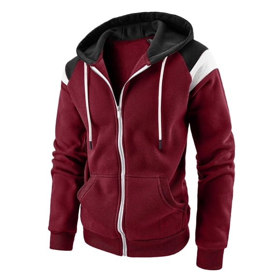 Jinda Men's Zip Up Hoodies Cotton Long Sleeve Slim Fit Hooded Sweatshirt Soft Fashion Color Block Lightweight Hoody Burgundy Small