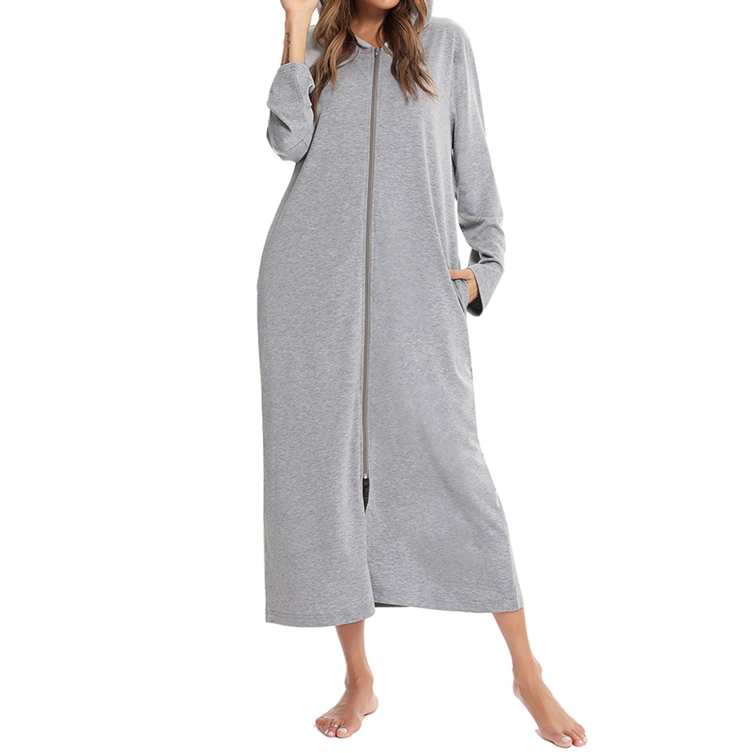 Jinda Women's Cotton Robe House Coat Hoodie Zip Up Duster Housedress