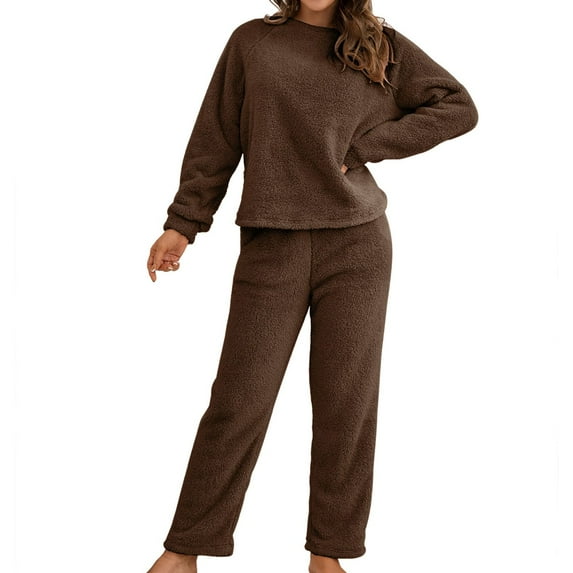 SWSMCLT Women's Cute Fuzzy Pajama Set Warm Warm 2 Piece Winter Soft Long Sleeve Fleece Stretchy Comfy Casual Pant Coffee Small