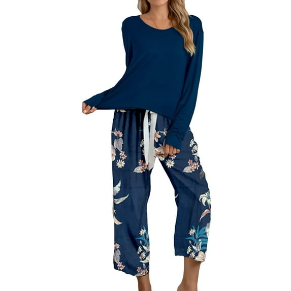 SWSMCLT Women's Cute Pajamas Set 2 Piece Pjs Printed Lounge Set Soft Long Sleeve Pant Baggy Stretchy Loose Dark Blue XX-Large