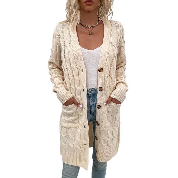 SWSMCLT Women's Long Sleeve Cardigan Sweater Deep V Neck Button Long Outerwear Knit Winter Soft Fall Fashion Warm Beige X-Large