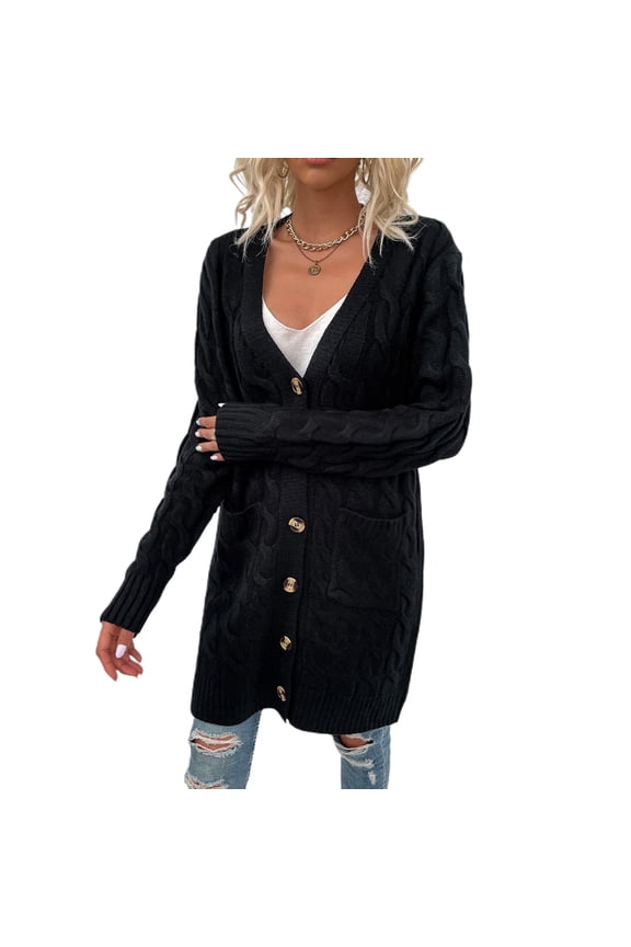 Women's Long Sleeve Cardigan Sweater Deep V Neck Button Long Outerwear Knit Winter Soft Fall Fashion Warm Black Large