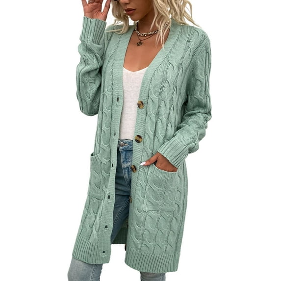 SWSMCLT Women's Long Sleeve Cardigan Sweater Deep V Neck Button Long Outerwear Knit Winter Soft Fall Fashion Warm Green X-Large