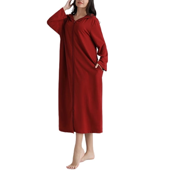 Jinda Women's Long Sleeve Robe Soft House Coat Zipper Comfy Winter Pocket Housedress Nightgown Long Housecoat Sleepwear Burgundy X-Large-XX-Large