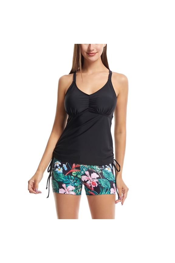 SWSMCLT Women's Modest Tankini Swimsuit Beach Swimming Hawaiian Two Piece Bathing Suit Drawstring Printed V Neck Padded Short Black 16