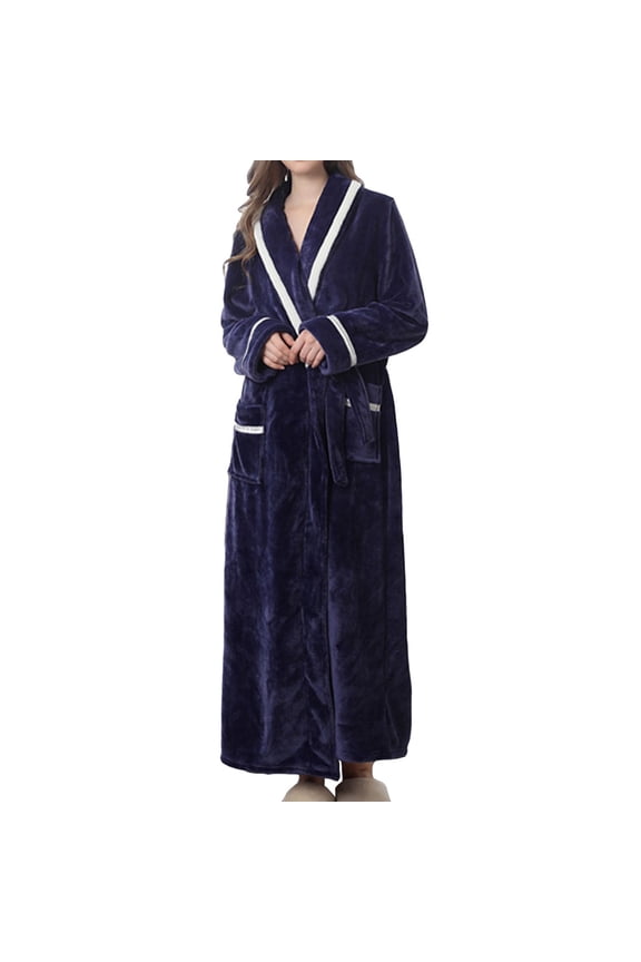 Jinda Women's Soft Flannel Bath Robe Warm Long Sleeve Fuzzy Winter House Sleeping Thic Warm Robe Full Length Navy Small-Medium