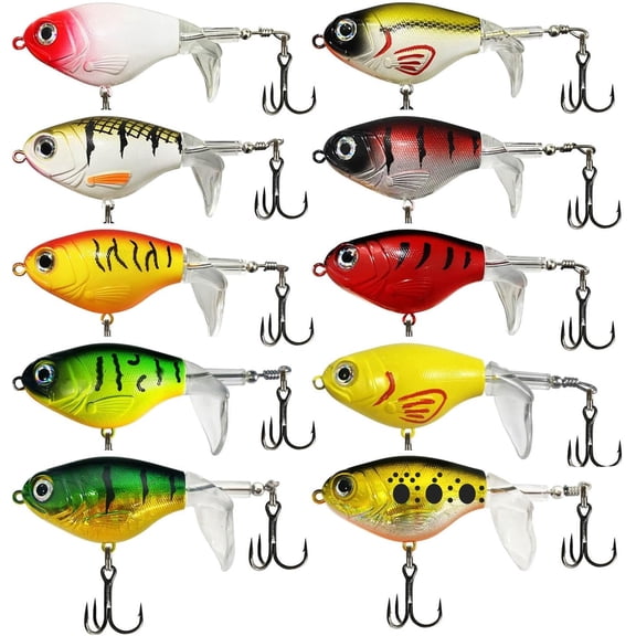 BARMOTU 10Pcs Top Water Fishing Lures with Floating Rotating Tail Whopper Fishing Lure for Bass Barb Treble Hooks in Saltwater Freshwater Plopping Lures Kit