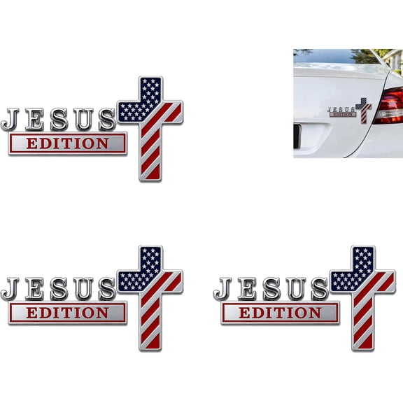 BARMOTU Blessed Jesus Edition Cross Emblem Metal Badge, 3D Raised Letter Chrome Christian Car Emblem with American Flag Design, Heavy Duty Metal Cross Badge for SUV RV Truck