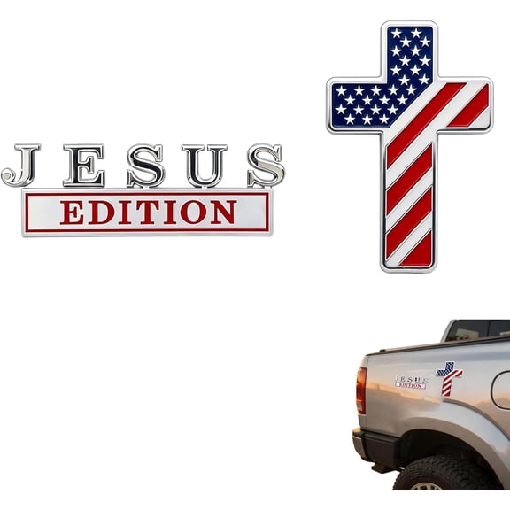 Jinerra Blessed Jesus Edition Cross Emblem Metal Badge,4 Inch 3D Raised Letter Chrome Christian Cross Emblem Decal Stickers, USA Flag Car Cross Emblem car Decoration for Truck, SUV