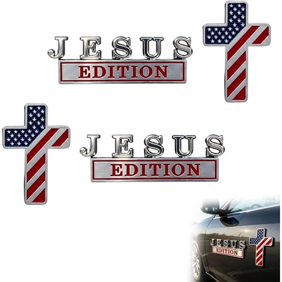 Jinerra Blessed Jesus Edition Cross Emblem Metal Badge, Raised Letter 3D Chrome Christian American Flag Car Emblem for Truck SUV, Christian car Accessories