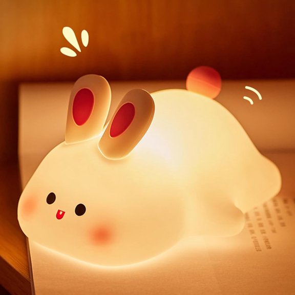 BARMOTU Cute Bunny Night Light, Soft Adorable Rechargeable Dimmable Touch Lamp, Big-Faced Bunny Decorative Light, Safe Silicone Material, Birthday Gift