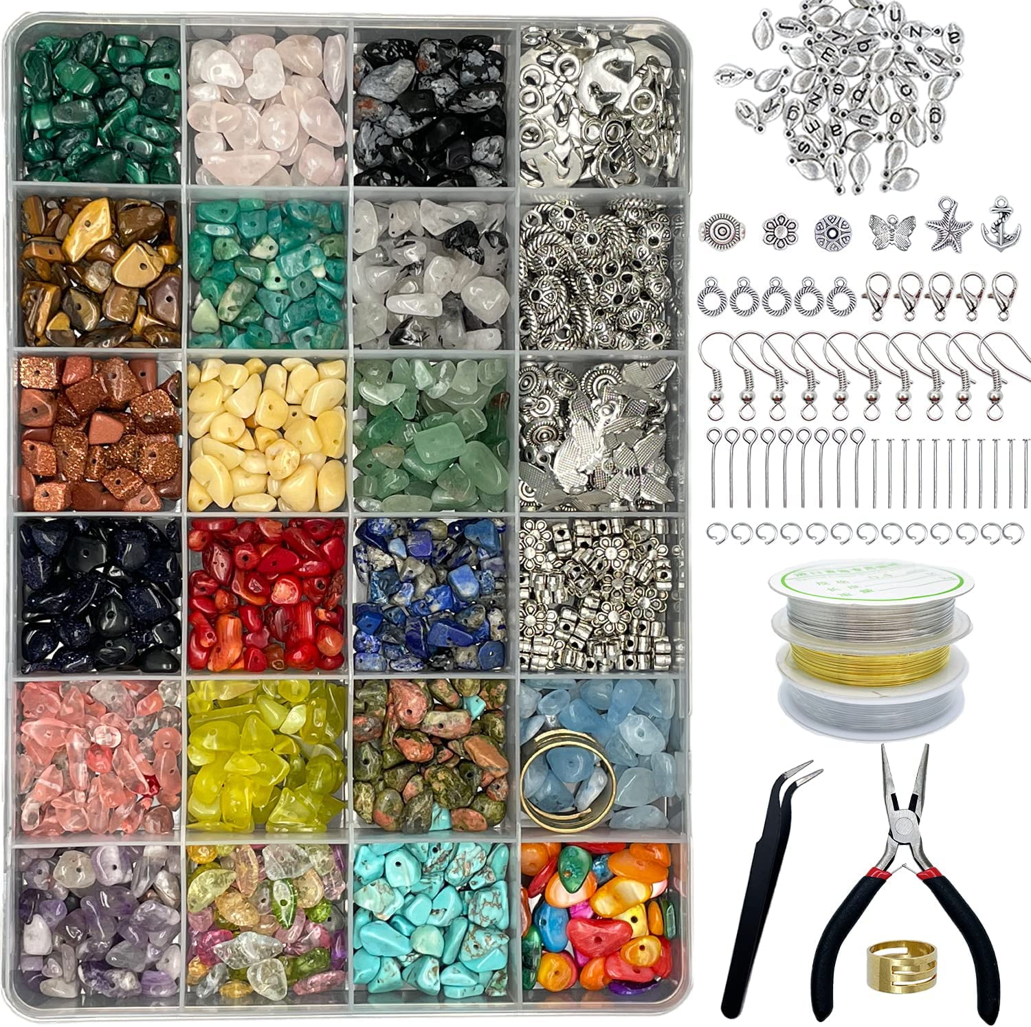 Jinerra Jewelry Making Material Kit - 1587 pieces, including beads, crystal beads, jewelry pliers, beading thread, earring hooks, rings, and bracelets, suitable for adults.