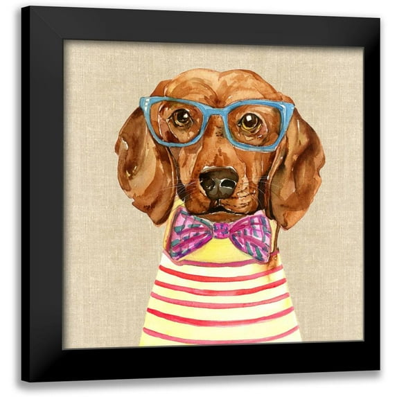 Jing, Jin 12x12 Black Modern Framed Museum Art Print Titled - Dachshund With Fashion Glasses