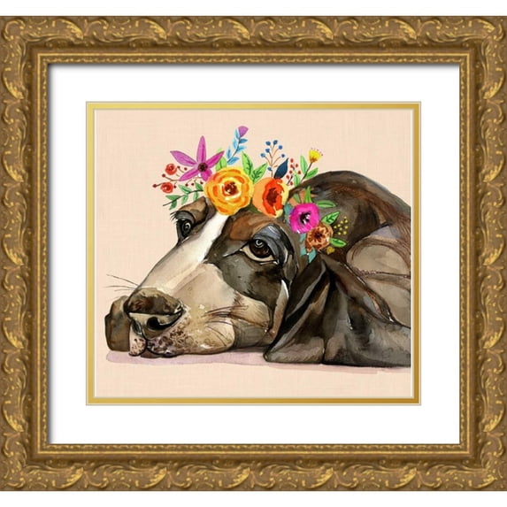 Jing, Jin 16x15 Gold Ornate Wood Framed with Double Matting Museum Art Print Titled - Dog With A Wreath Of Colorful Blossoms 11