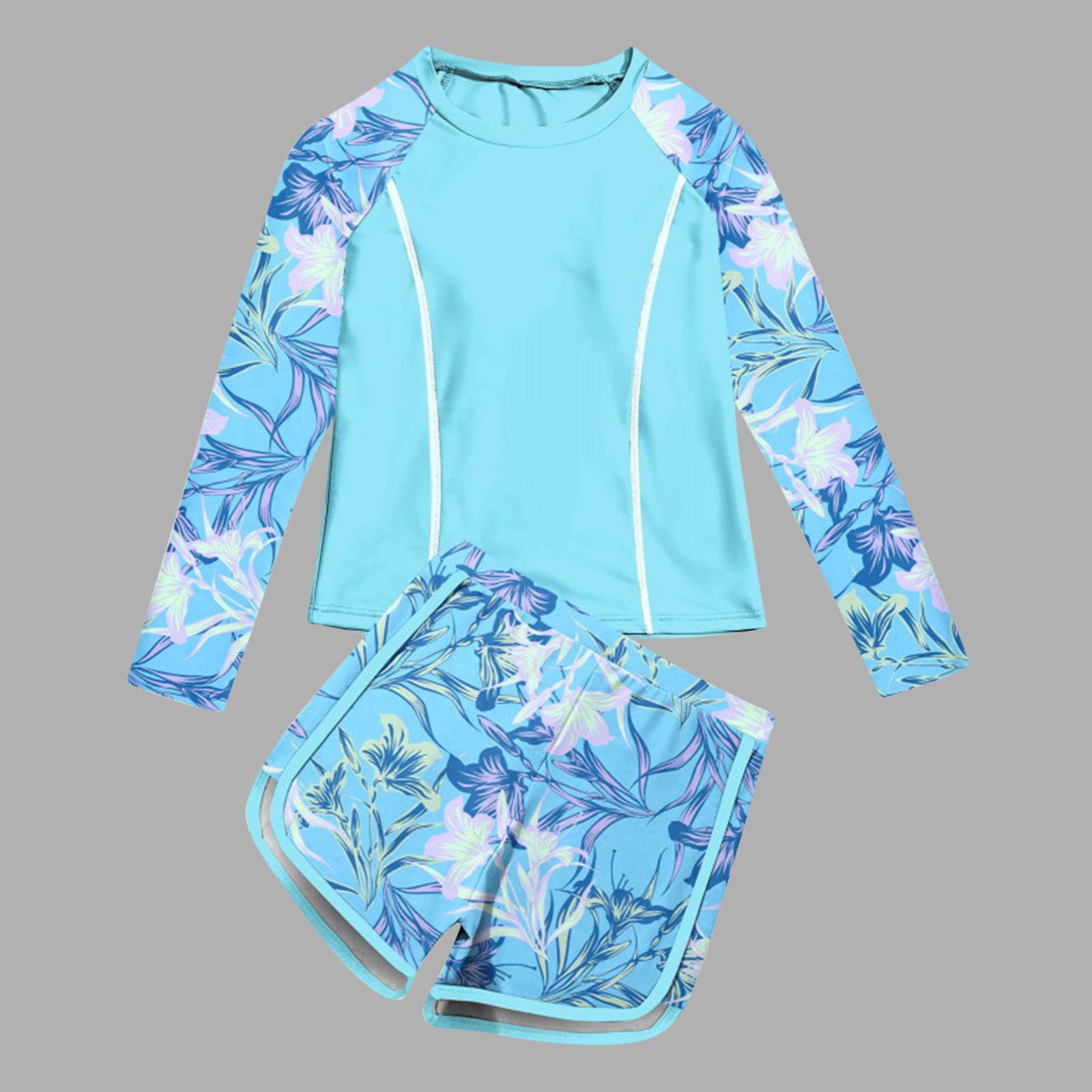 JingChang Teens Swim Wear Rash Guard 2 Piece Surf Set - Printed Long Sleeved Rash Guard and Swim Trunks for Kids,Sky Blue,10 Years
