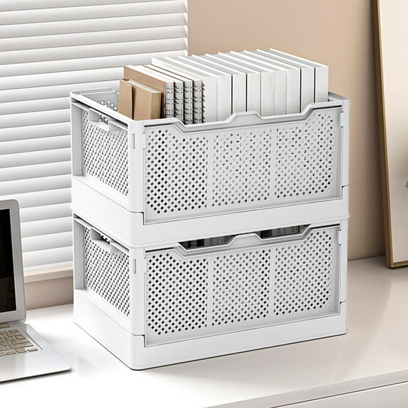 JingChun 1-Pack Small Foldable Storage Bins for Desk Organization, Stackable Mini Plastic Storage Crates for Home office Organizer, Folding Small Storage Basket Containers