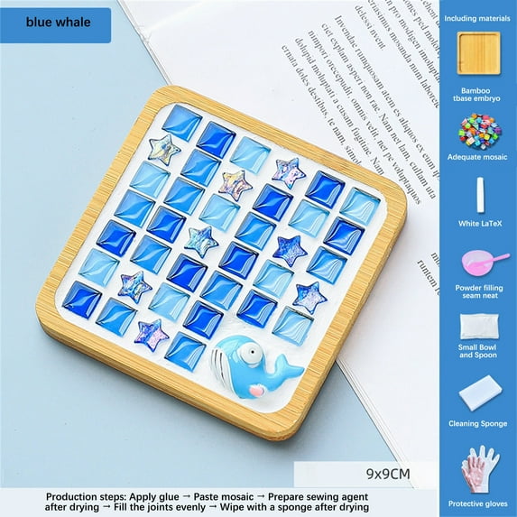 JingChun 1 Sets DIY Glass Mosaic Tiles for Crafts,Mixed Color Mosaic Kits with Wooden Coaster for Adults,Mosaic Crafts Materials Package for Coaster Handmade Home Decor Gifts…