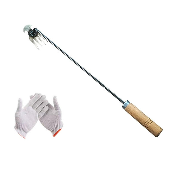 JingChun 11 inch Weed Puller Tool, Weeding Tools Gardening, Weeding Tool, Weed Remover Tool, Stainless Steel Weed Puller 4 Teethes Dual Purpose Weeder with A Pair of Gloves