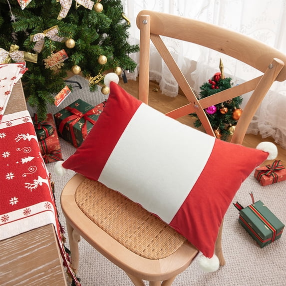 JingChun 1Pc Christmas Decorative Soft Cloth Throw Pillow Covers Cloth Patchwork Luxury Pillow Covers with Pom-poms Lumbar Couch Pillow Cases for Sofa Bed Car Decor 11X19 Inch