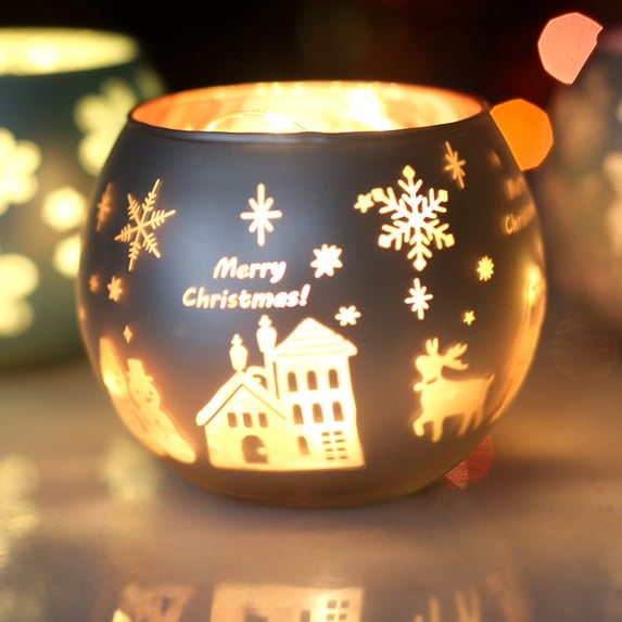 JingChun 1Pc Christmas Votive Candle Holder, Glass Tealight Holder with Laser Engraving Patterns for Winter Xmas Table Centerpiece Decor