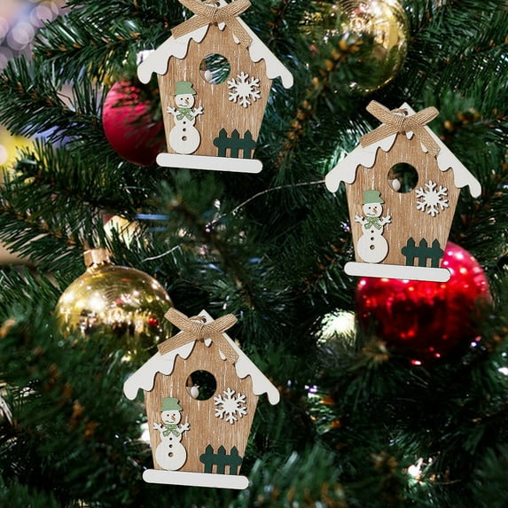 JingChun 1Pc Christmas Wooden House Shaped Pendant Ornaments Wood Santa Claus Snowman Elk Xmas Tree Hanging Tags for Christmas Party Supplies