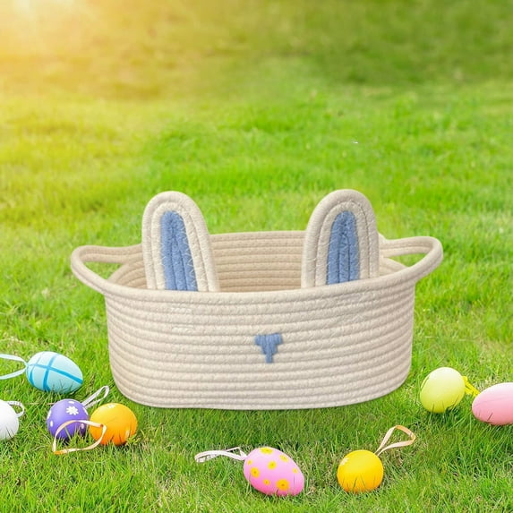 JingChun 1Pc Easter Baskets Easter Eggs Basket Bunny Basket with Ears Toy Baskets Empty Easter Hunt Basket Woven Easter Basket Cotton Rope Storage Basket for Easter Gifts