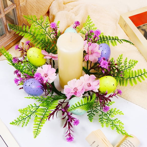 JingChun 1Pc Easter Egg Candle Rings Wreaths Spring Egg and Berry Candle Rings Artificial Candle Holder Mini Wreaths 11.8" for Easter Holiday Home Kitchen Table Centerpiece