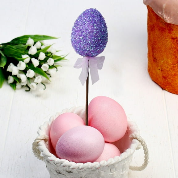 JingChun 1Pc Glitter Easter Egg Plant Picks Foam Crafts Wooden Stake Decoration Cake Topper Sticks Garden Ornament, Assorted Colors