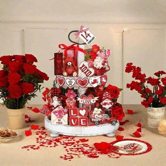 JingChun 27Pcs Valentine's Day Tiered Tray Decor Set Red Heart Gnome Valentines Wood Sign Decorations Rustic Farmhouse Wood Table Centerpieces for Home Party Bedroom