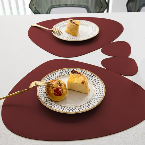 JingChun 2Pcs Faux Leather Placemats and Coasters Set, Round Leather for Dinner Table Mats Heat Resistant Non-Slip Washable Insulation Coffee Mats Kitchen Place Mats Nordic Style