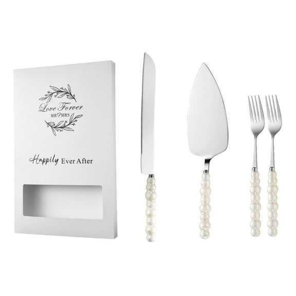 JingChun 4 Pcs Wedding Cake Knife and Server Set, Pearl Ceramic Handle Cake Cutting Set, Stainless Steel Pie Cutter, Wedding Gift